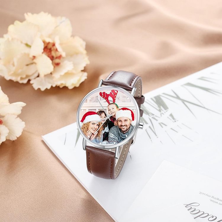 Personalized Photo Custom Couple Watch Brown Leather