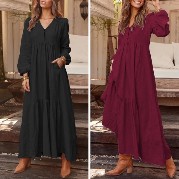 Vintage Women Ruffle Long Dress Spring Casual Loose Maxi Dress Kleiders - BlackFridayBuys