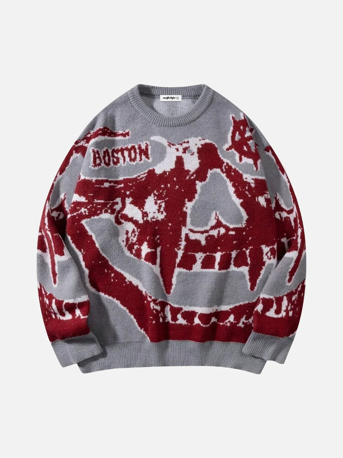 Grey Skull Printed Round Neck Oversized Knit Sweater Front