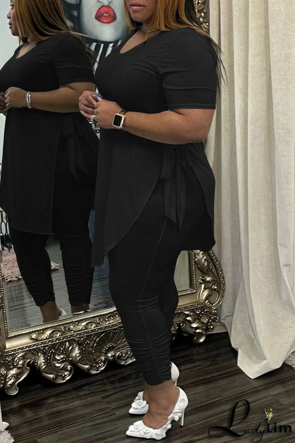 Black Fashion Casual Solid Bandage Slit Asymmetrical O Neck Plus Size Two Pieces