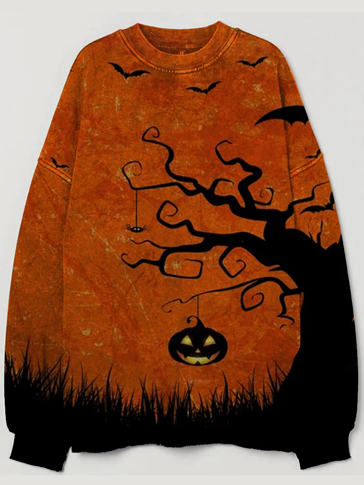 Halloween Dead Tree Pumpkin Face Bat Spider Contrasting Color Washed Sweatshirt