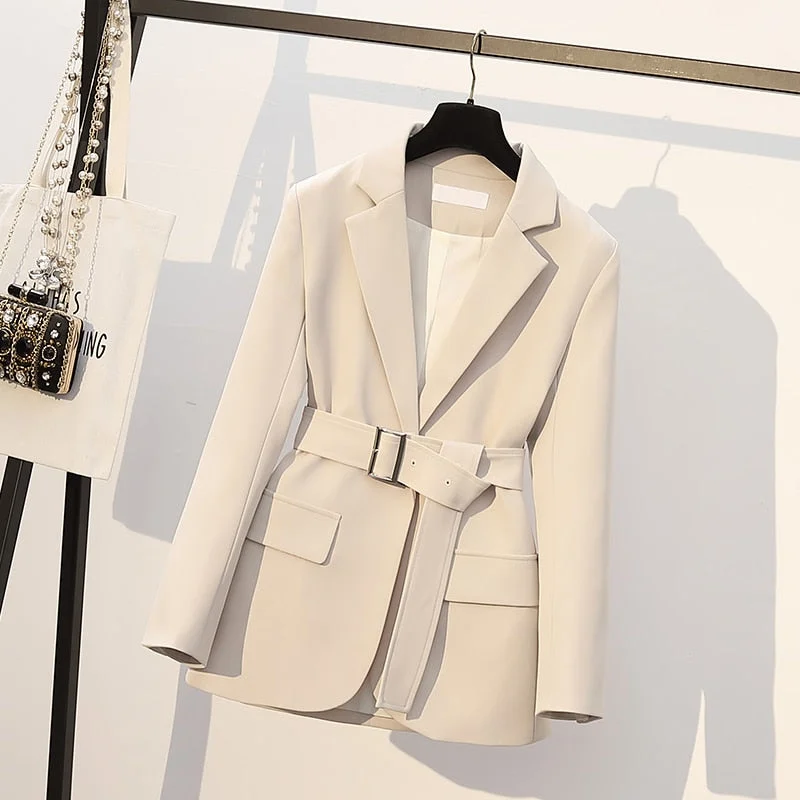 Fitaylor Spring Autumn New Office Ladies Blazer Jacket Women One Button Solid Color Suit Coat Elegant Fashion Outwear with Belt