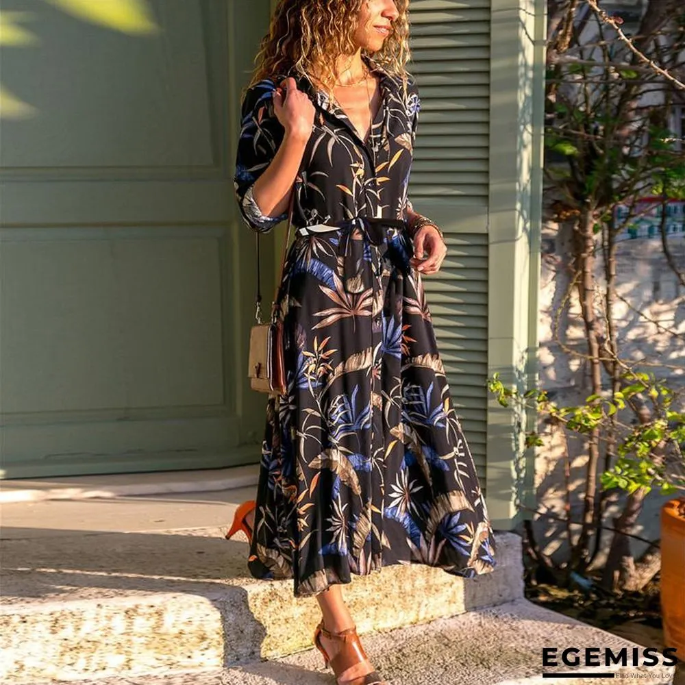 Autumn Printed Long Sleeve Lace Up Women's Dress Black Dresses | EGEMISS
