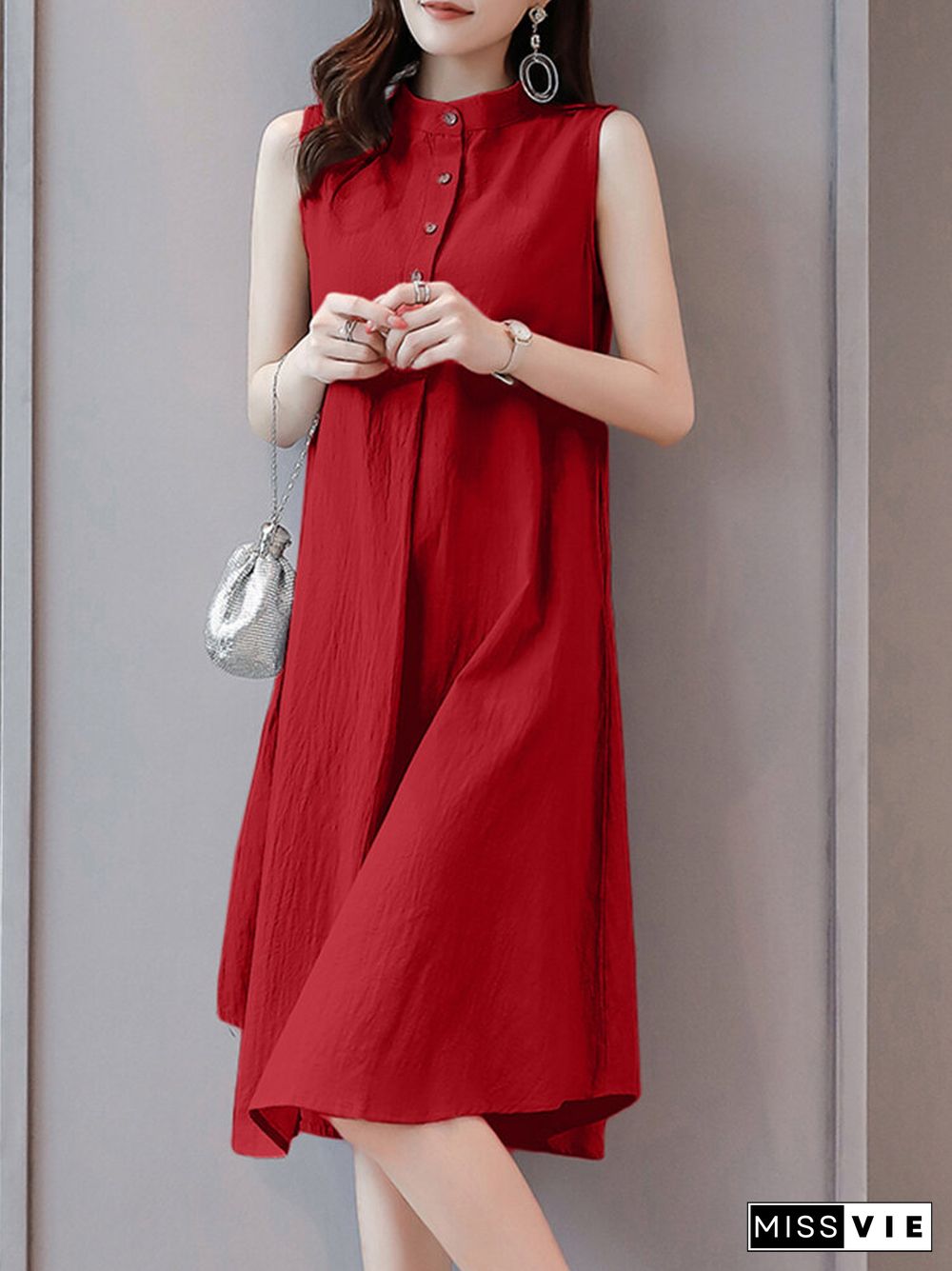 Solid Stand Collar Button Sleeveless Dress For Women