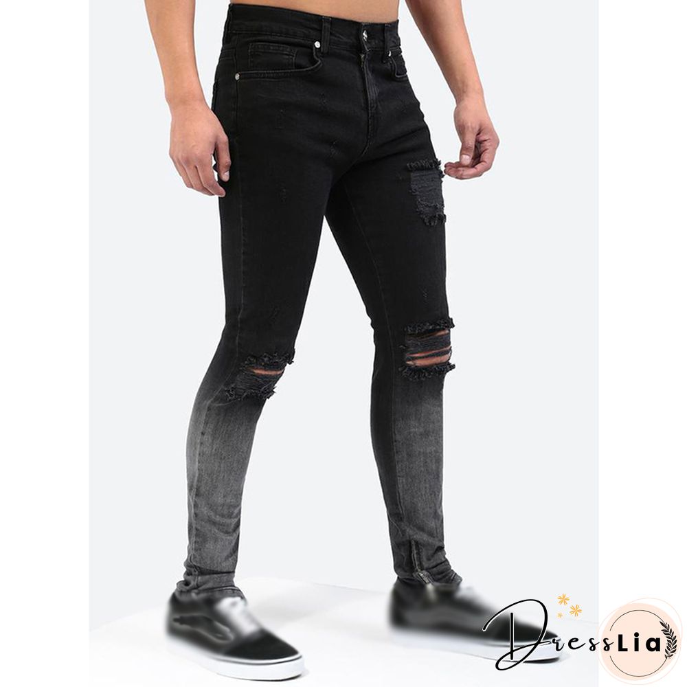 Men's Small Feet Black Fashion Jeans With Ripped Zipper Ankle