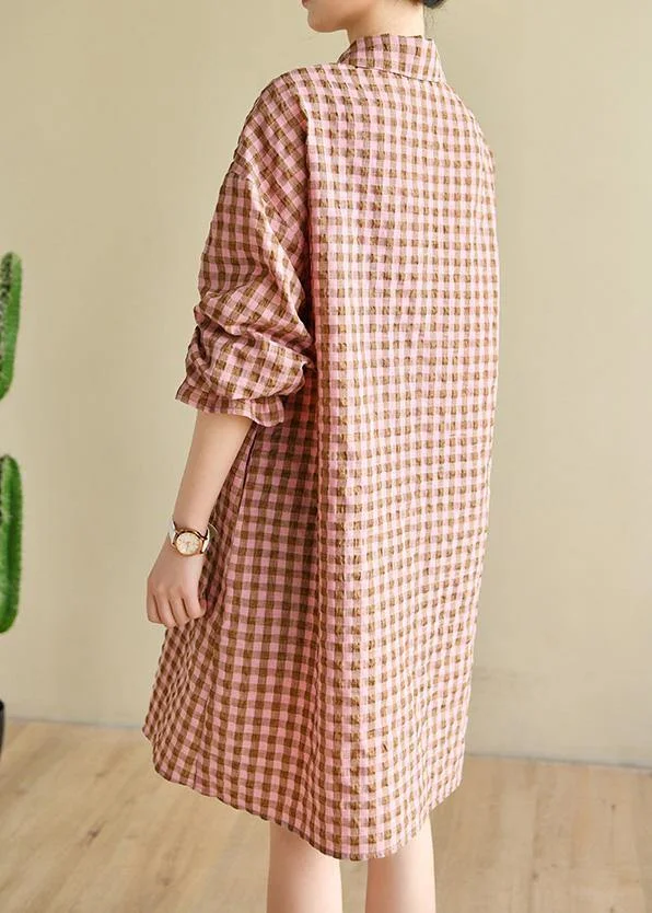 Natural Pink Plaid Cotton Cinched Spring Dresses
