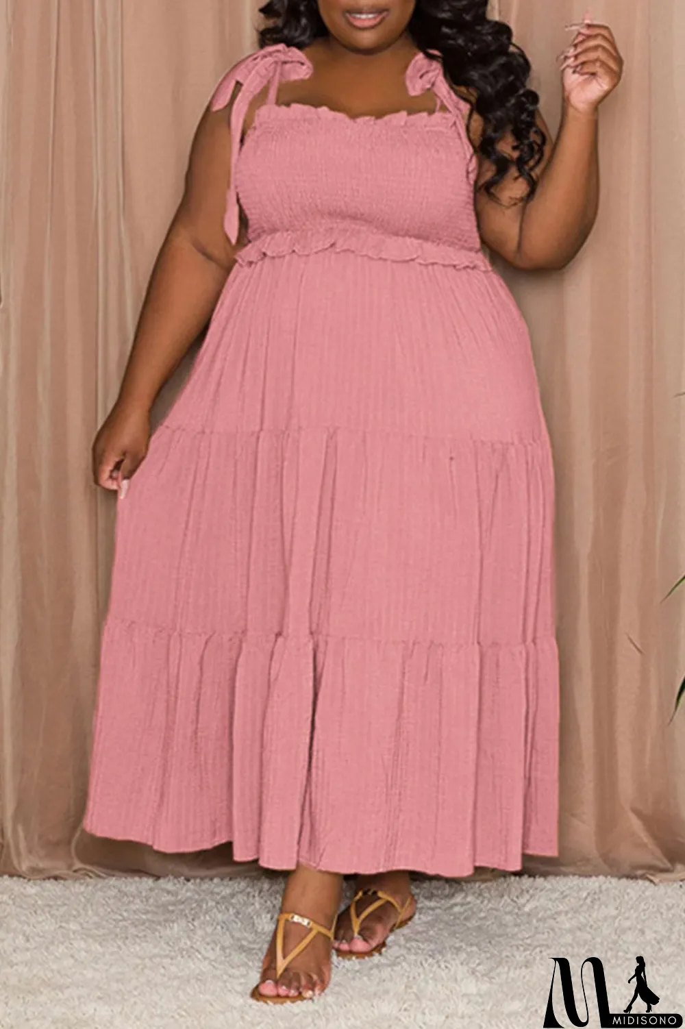 MidiSono - Pink Casual Sweet Solid Bandage Patchwork Fold Spaghetti Strap Sling Dress Plus Size Dresses