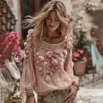 Women's Pink Rose Art Linen Blend T-shirt - Image 2