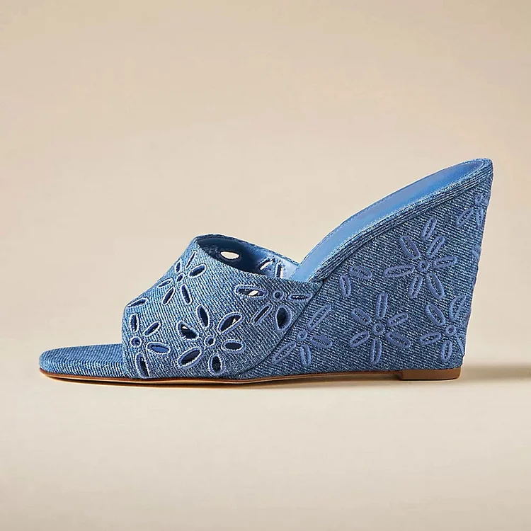 Blue Denim Open Toe Floral Hollow Out Wedge Mules Shoes |FSJ Shoes