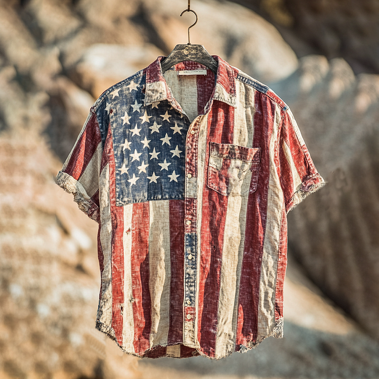 Men's American Flag Art Vintage Linen Shirt