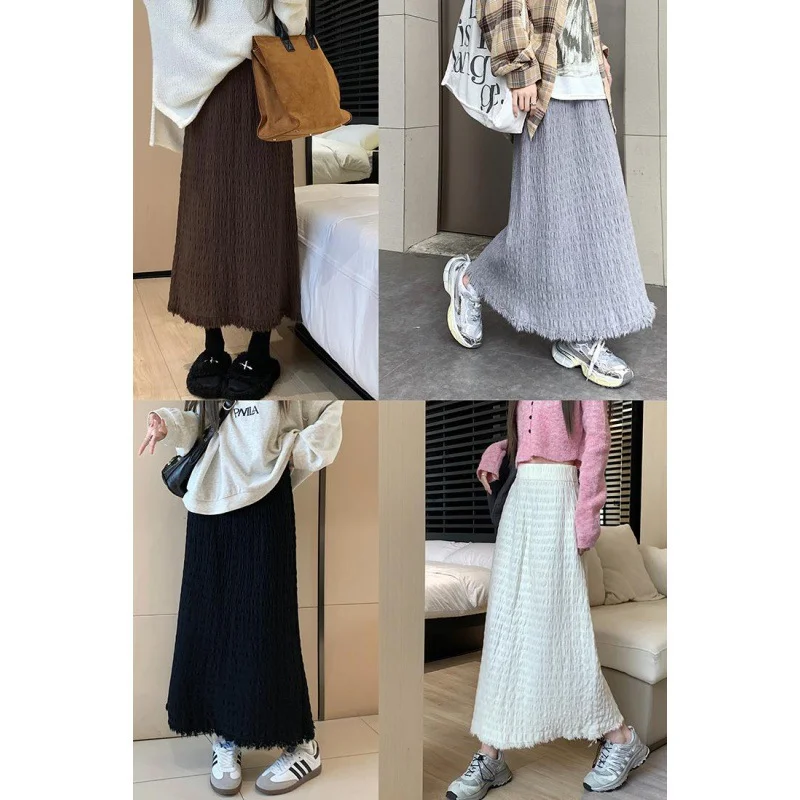 Toloer Toloer New Fashion Straight Tube Hem A Line Skirt Korean Pleated Pendant Feeling High Waist Versatile Knit Long Skirt-Outfit Ideas