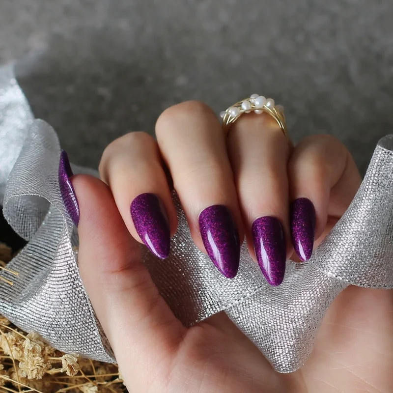 gel polish UV coffee Almond Holographic glitter art nails tabs Stiletto False nail Brown red fake Nails Gold silver 24pcs-Nail Inspo