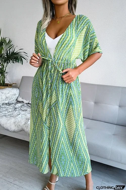 Print Drawstring Waist Kimono