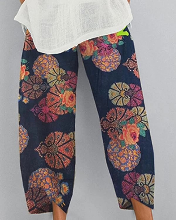 cotton and linen printed elastic cropped pants p206051