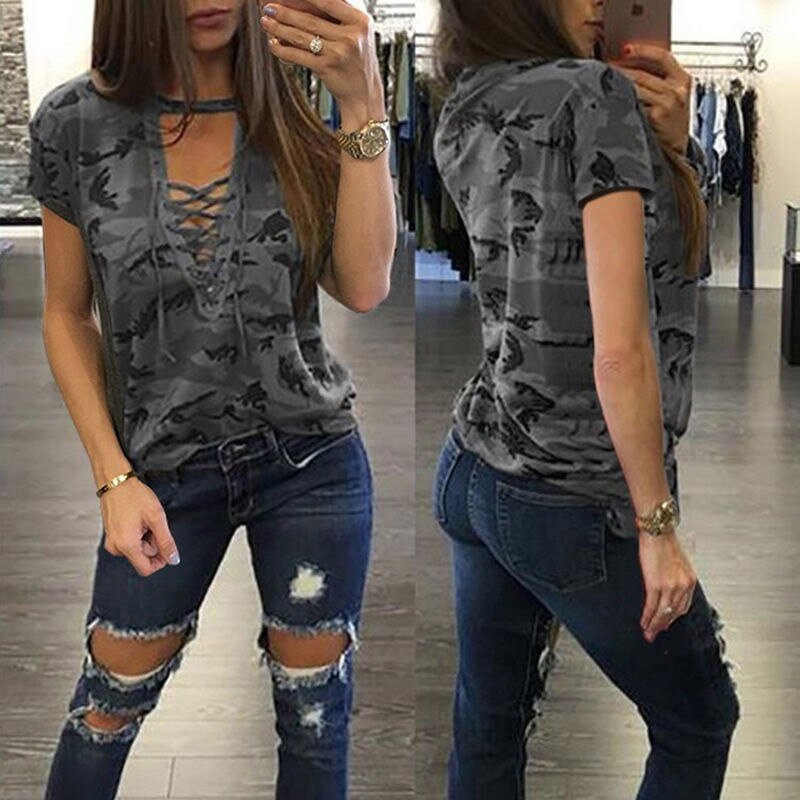 Fashion Women Ladies Short Sleeve Camouflage Loose Tshirt 2020 Summer Lace Up Casual Shirts Tops