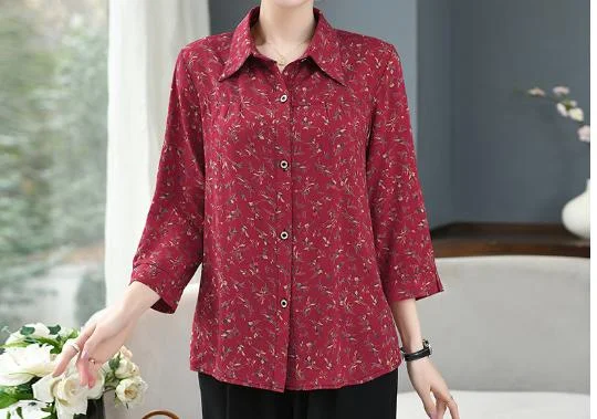 Women Red Print Wrinkled Patchwork Chiffon Shirt Tops Summer