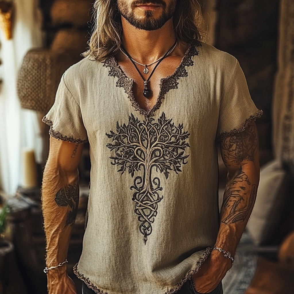 Men's Vintage Viking Tree Of Life Art Linen Shirt