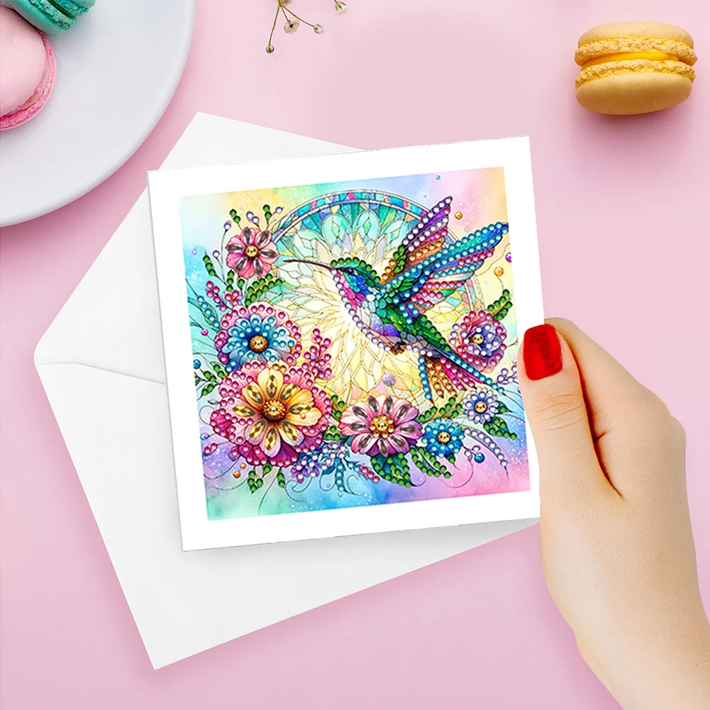 6Pcs DIY Hummingbird Special Shape Diamond Handmade Card for Friends Gift【With White Envelope】