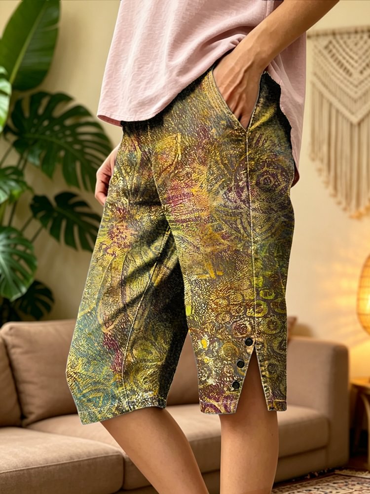 Women's Retro Art Print Casual Washed Cotton Denim Shorts