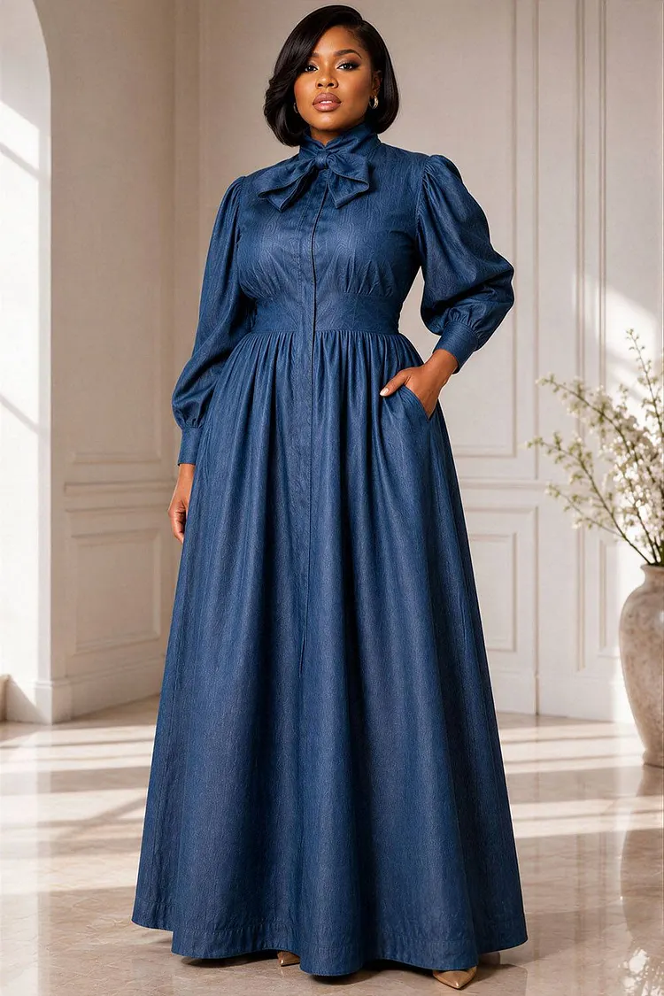 Xpluswear Design Plus Size Business Casual Blue Stand-Up Collar Puff Sleeve Long Sleeve Bow Tie Pocket Tencel Denim Maxi Dresses [Pre-Order] 2024 - Xpluswear