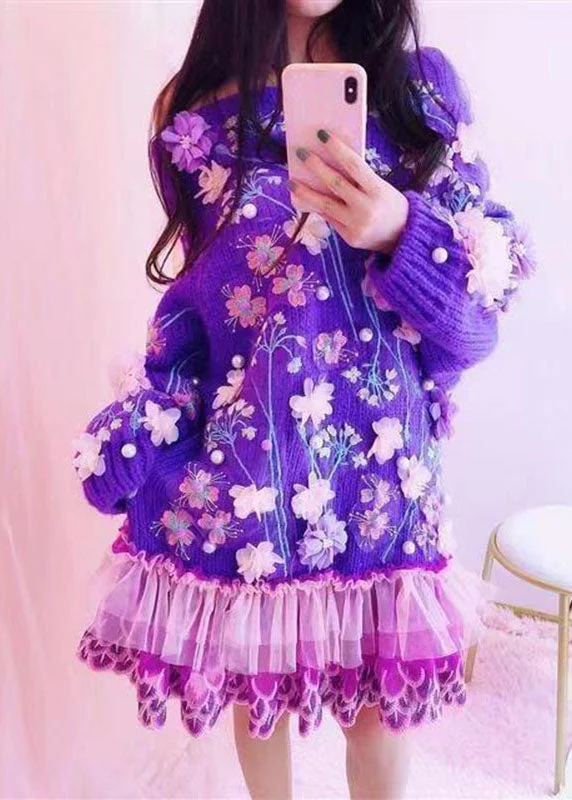 Handmade Purple O-Neck Embroideried Floral Tulle Patchwork Knit Mid Dresses Fall