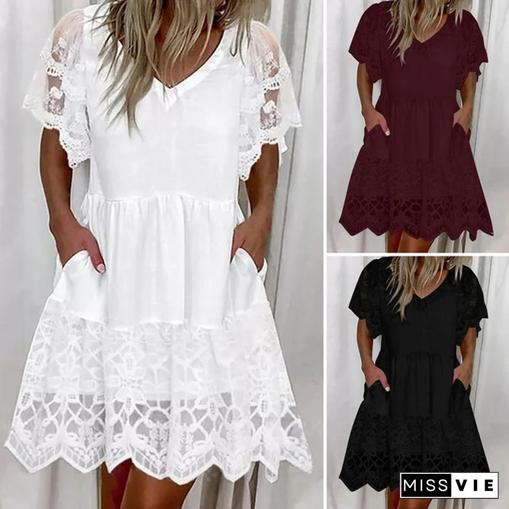 Women V Neck Short Sleeve Lace Crochet Dress Holiday Party Summer Casual Dress