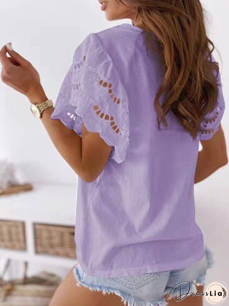 Women's T-Shirts Solid Crew Neck Lace Flare Sleeve T-Shirt