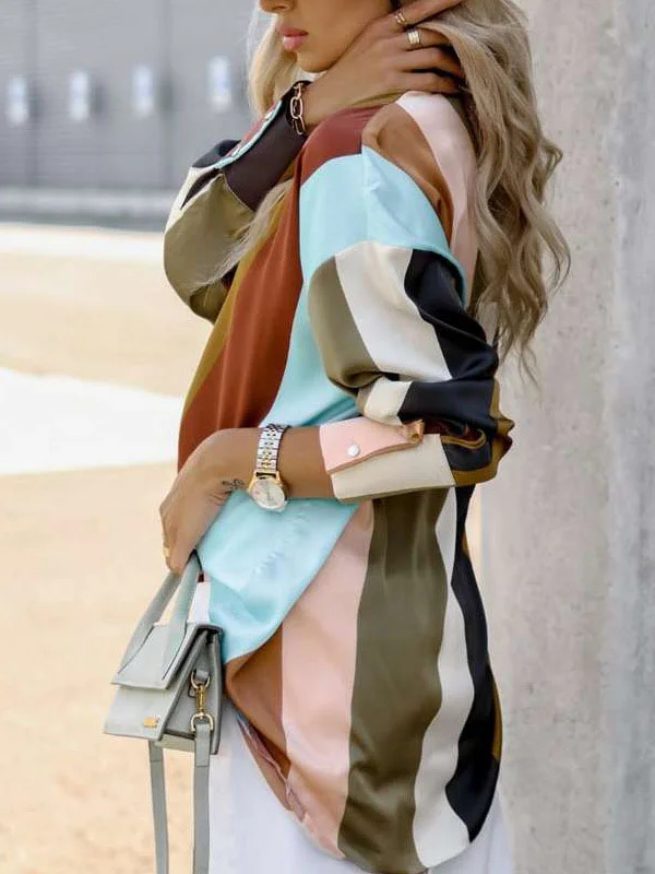Printed Contrast Color Loose Long Sleeves Lapel Blouses