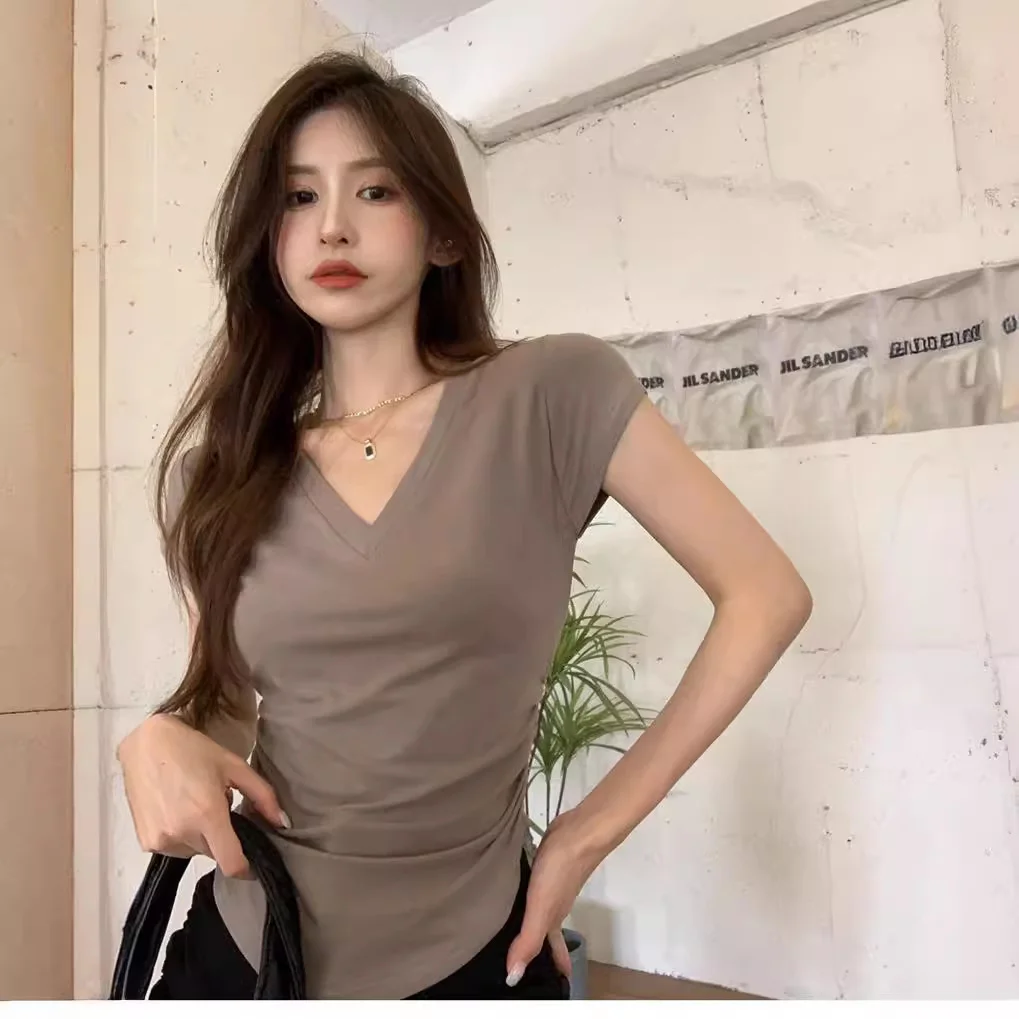 Brownm Brownm Arc Hem Solid Color Top 2024 Summer New Casual V Collar Waist Show Thin Flying Sleeve T-Shirt Women