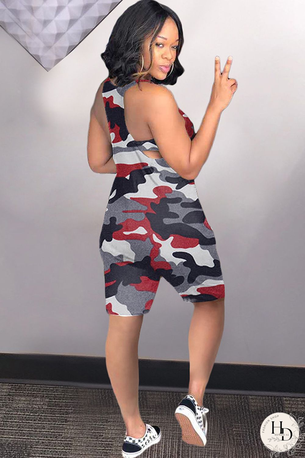 Blue Sexy Fashion Camouflage Chemical fiber blend Sleeveless V Neck Rompers