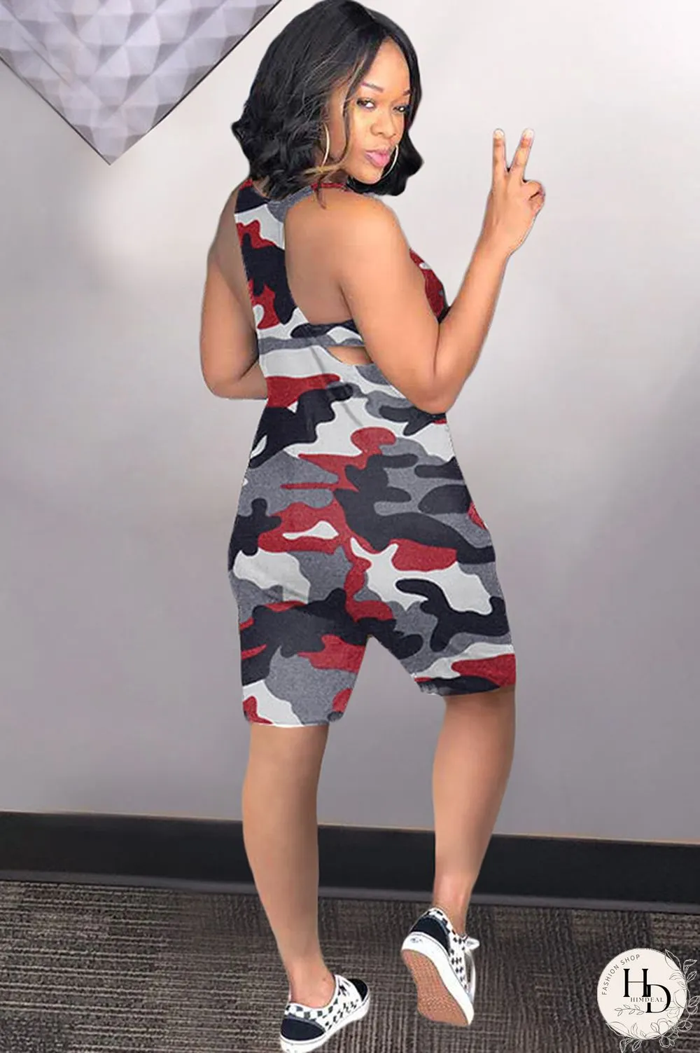 Blue Sexy Fashion Camouflage Chemical fiber blend Sleeveless V Neck Rompers