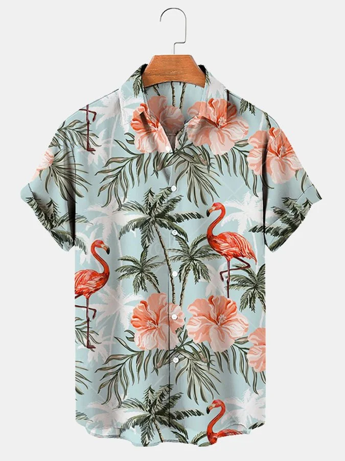 Men's Casual Vacation Flamingo Coconut Tree Print Short Sleeve Hawaiian Shirt