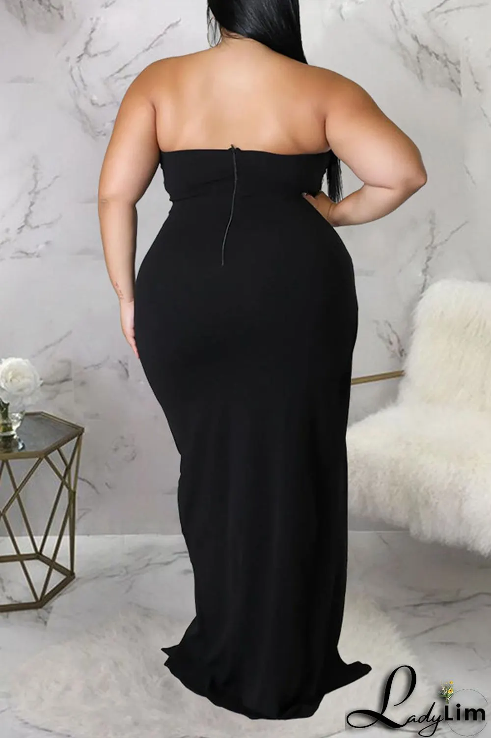Burgundy Sexy Solid Patchwork Flounce Slit Asymmetrical Strapless Evening Dress Plus Size Dresses
