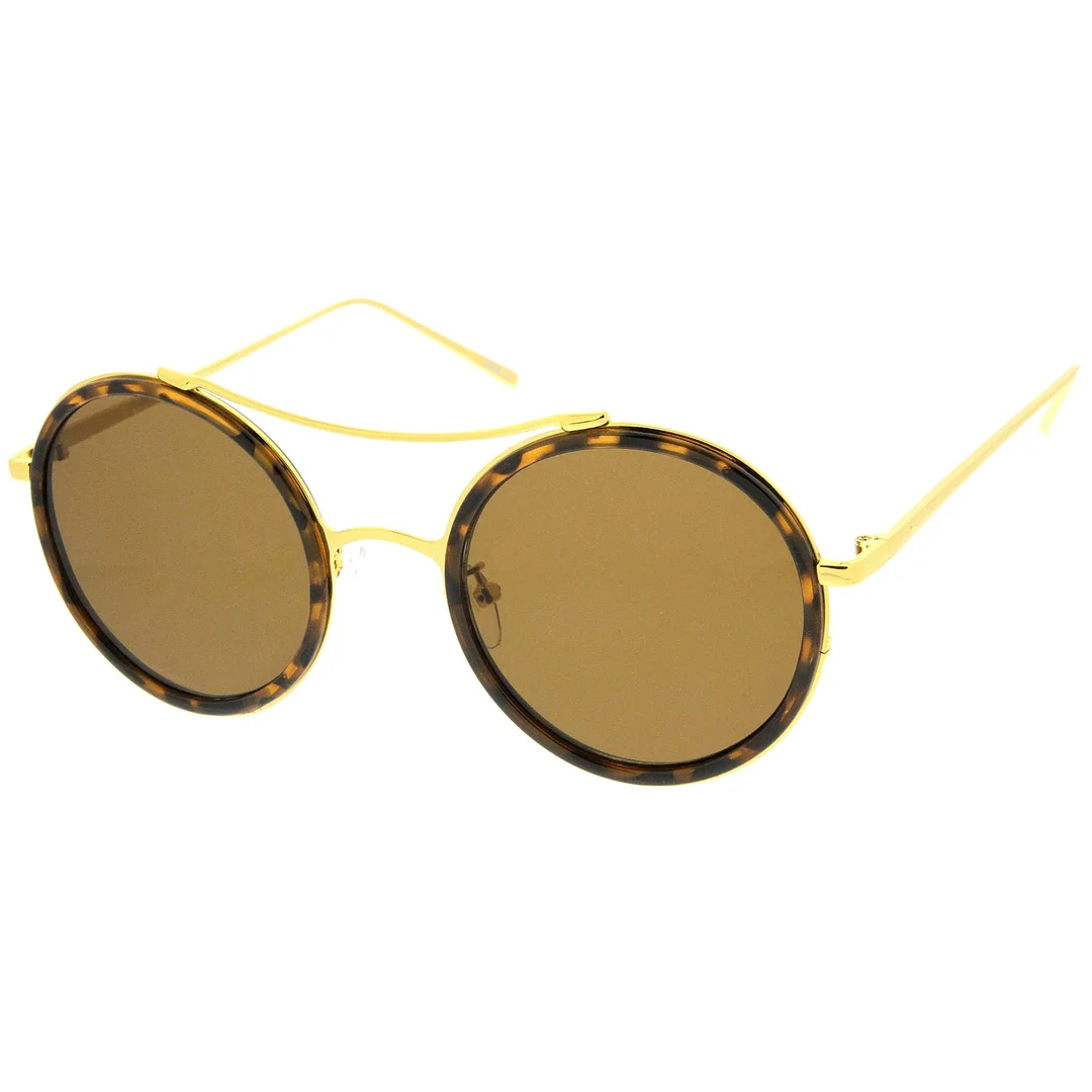 Classic Metal Temple Double Nose Bridge Flat Lens Round glasses 52mm