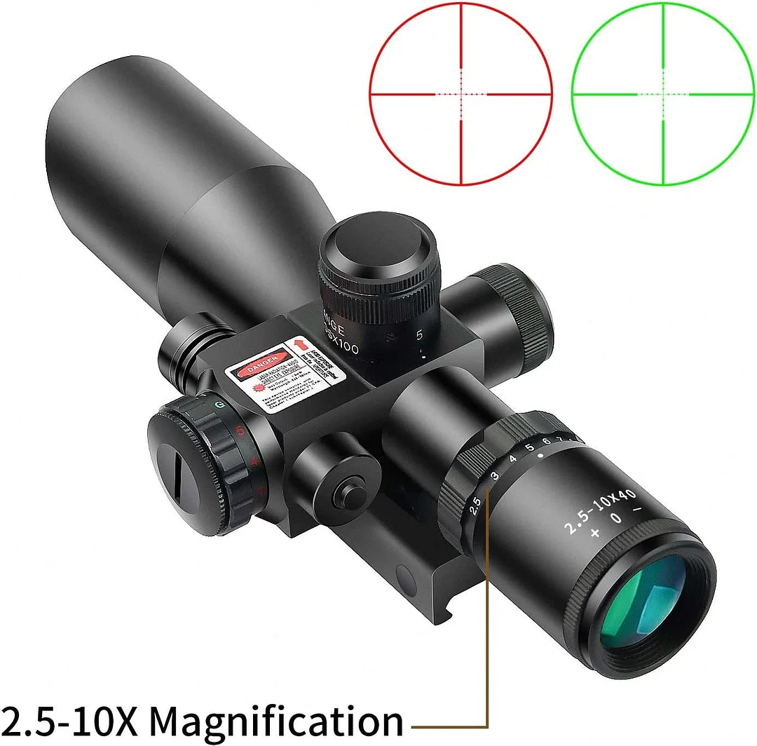 ohhunt® 2.5-10x40 Red Green Illuminated Tactical Rifle Scope Crossbow Scope with Red Laser Combo Less Than 5mW Output