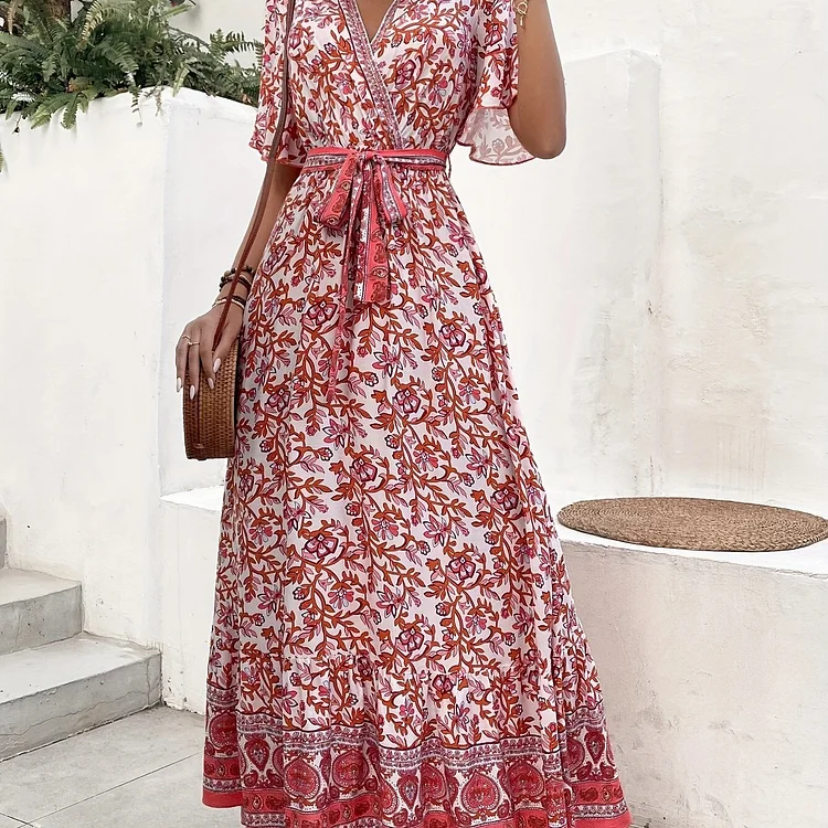 Floral Print Flutter Sleeve Dress, Boho Surplice Neck Tie-waist Dress, Women's Clothing