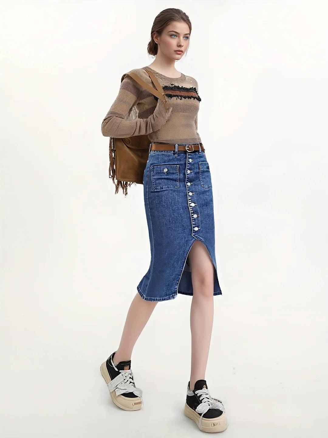 Women's High-Waist Stretch Denim Midi Skirt With Button Front & Side Pockets - Elegant Mid-Length Skirt For Spring/Summer/Fall, Urban Casual Style, Spring Summer Fashion, Sleek Silhouette, Comfortable Fit | IFYHOME