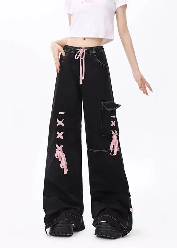 American Spicy Girl Black Color Tie up Design Straight leg Jeans Spring