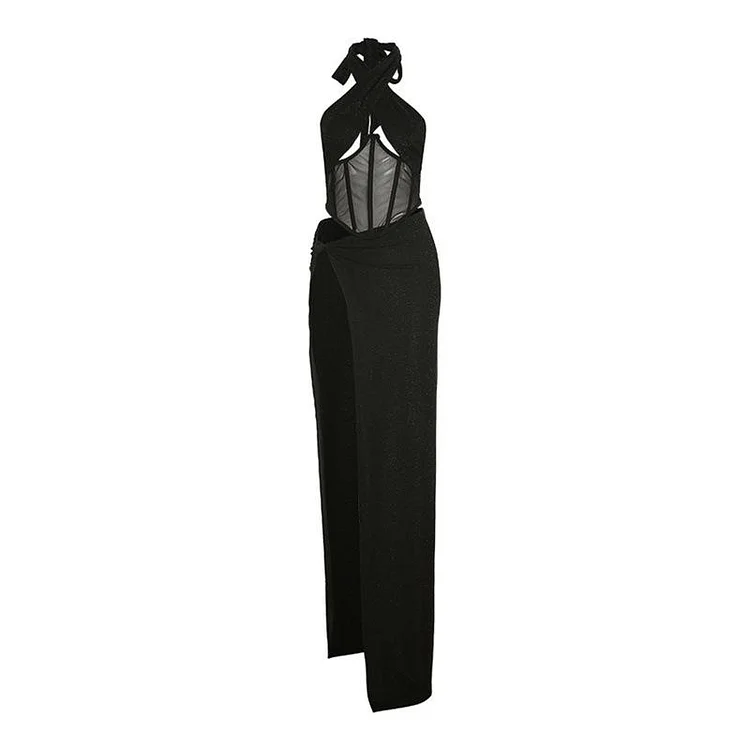 Promsstyle See-through mesh halter top with slit long skirt set Prom Dress 2023