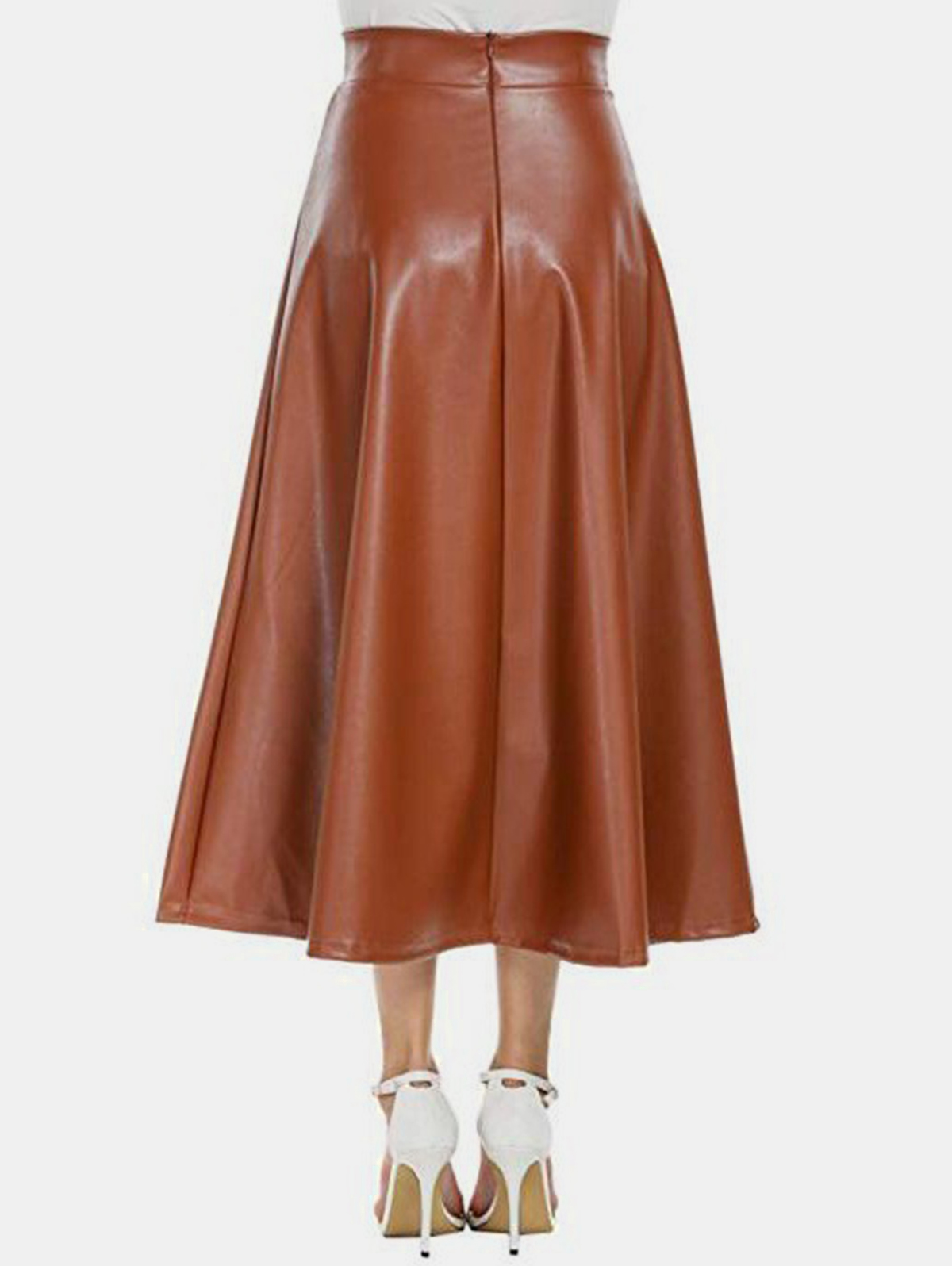 Elegant PU Leather Solid High Waist Midi Skirt