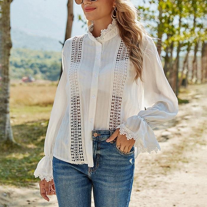 Comstylish Hollow Lace Stitching Flared Sleeve Top