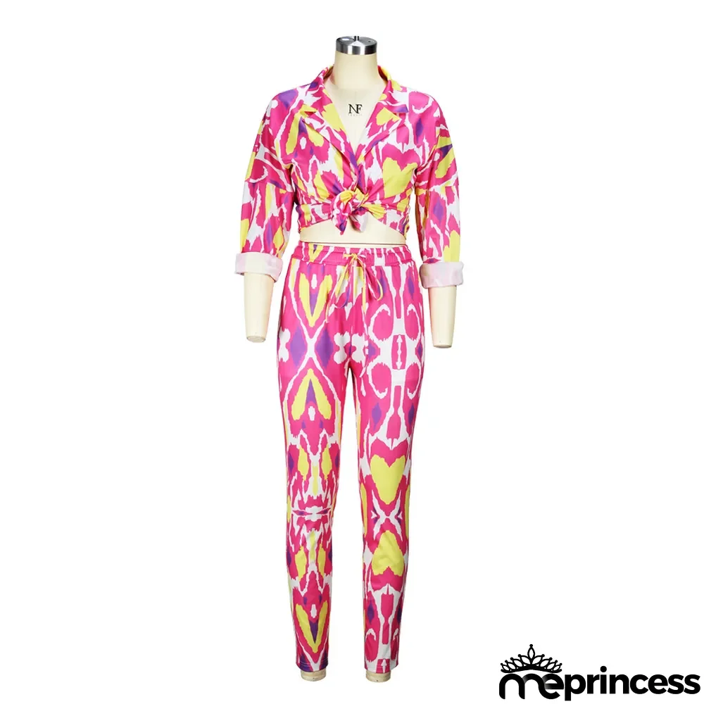 Spring/Summer Knotted Crop Print Turndown Collar Shirt Pants Suit Fall/Winter Women's Two Piece Set