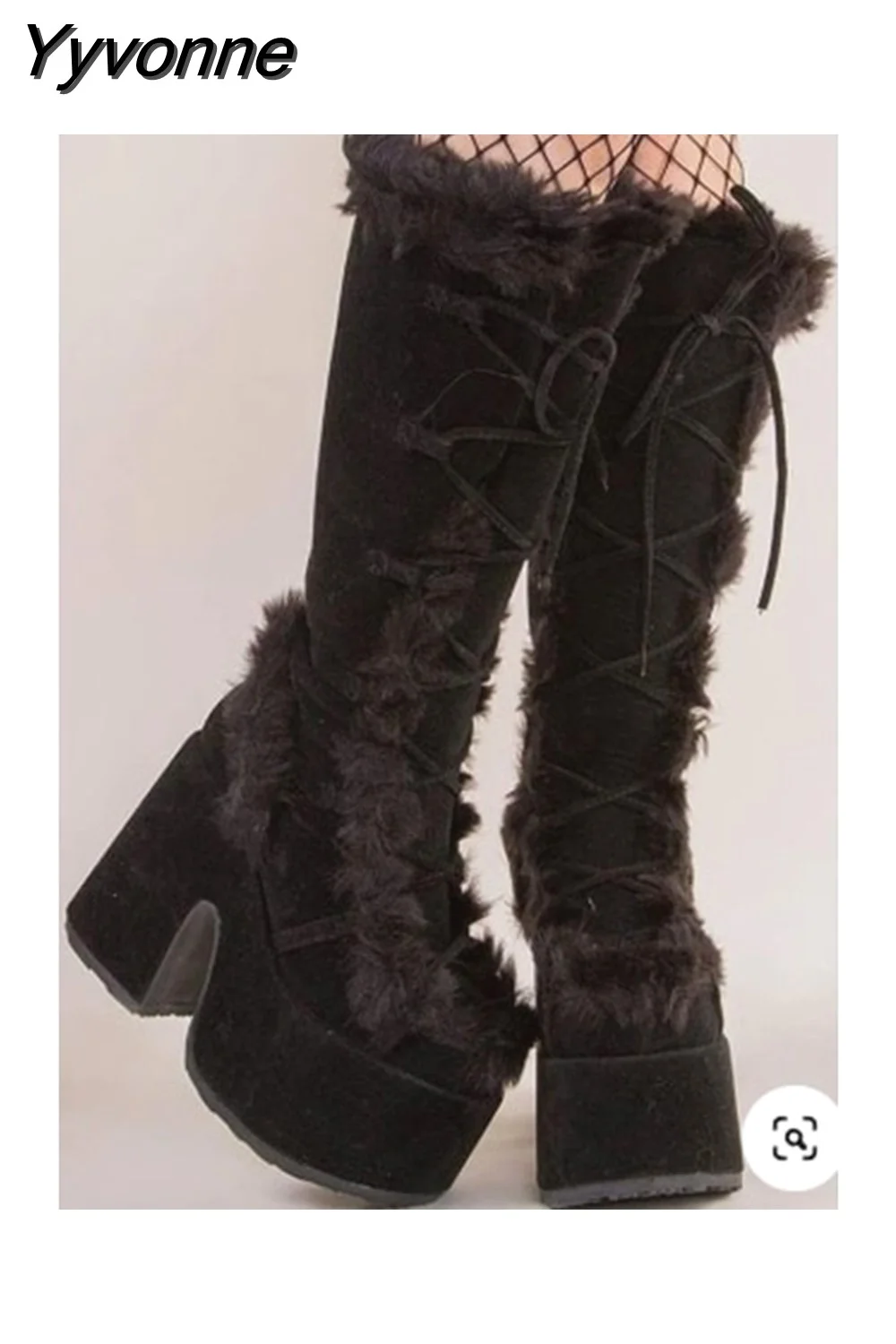 Yyvonne White Fur High Platform Boots High Chunky Heel Round Toe Mid Calf Boots Elegant Women Casual Outfit Winter Cross Tied Shoes 715-1