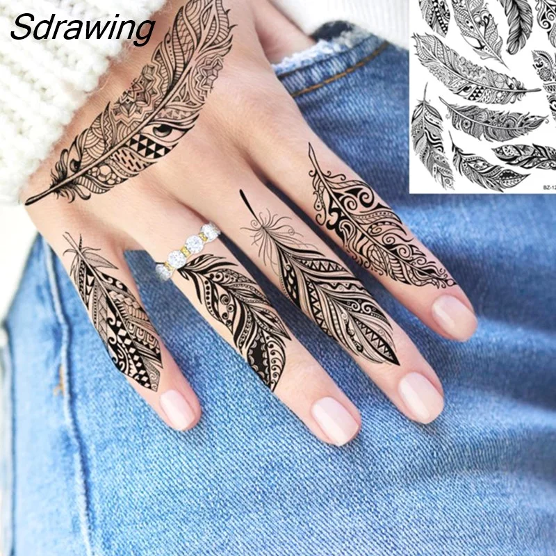 Sdrawing Henna Temporary Tattoos For Women Girls Feather Butterfly DreamCatcher Fake Gem Tattoo Sticker Chest Arm Tatoos Tribal 328-1