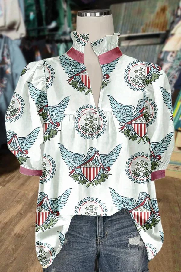 Vintage Patriotic Eagle Print Puff Sleeve Top