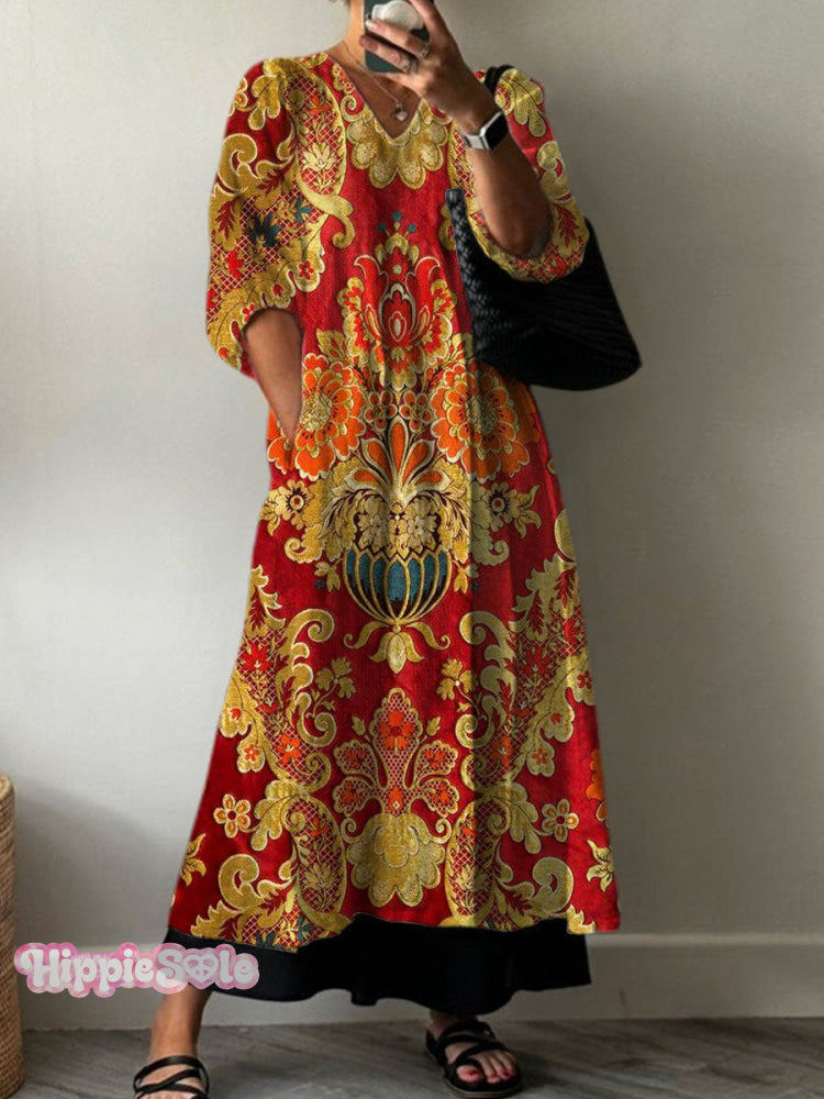 Women’s Vintage Lovely Floral Art Print Pocket V-Neck Cotton Dress Multicolor / S