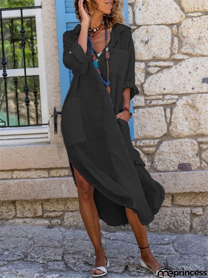 Women's Side Slit Loose Breathable Cotton Linen Beach Dress