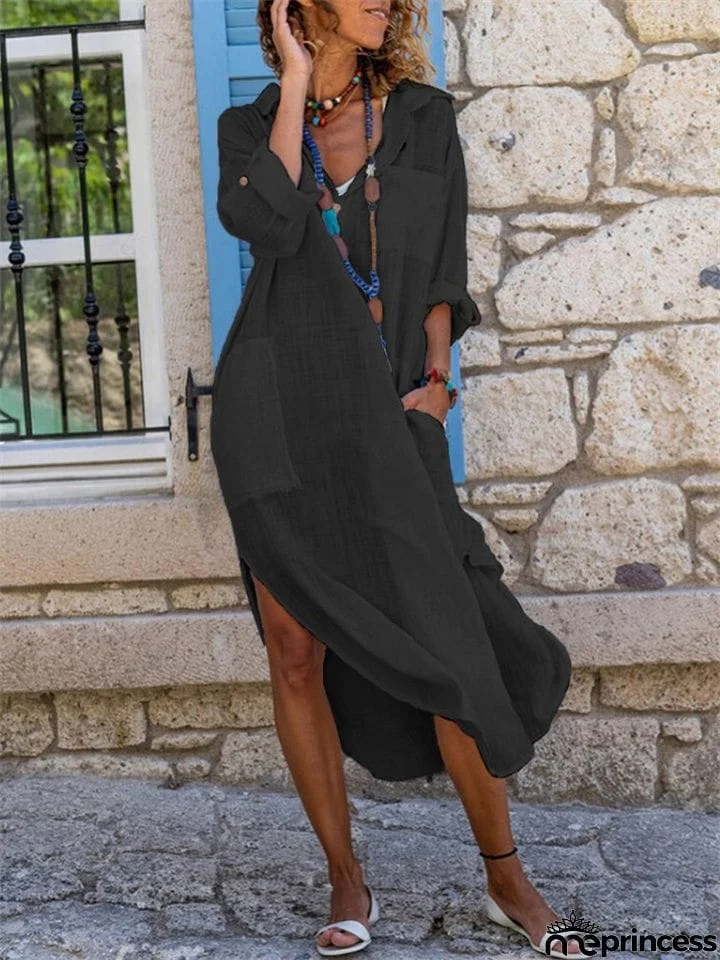 Women's Side Slit Loose Breathable Cotton Linen Beach Dress