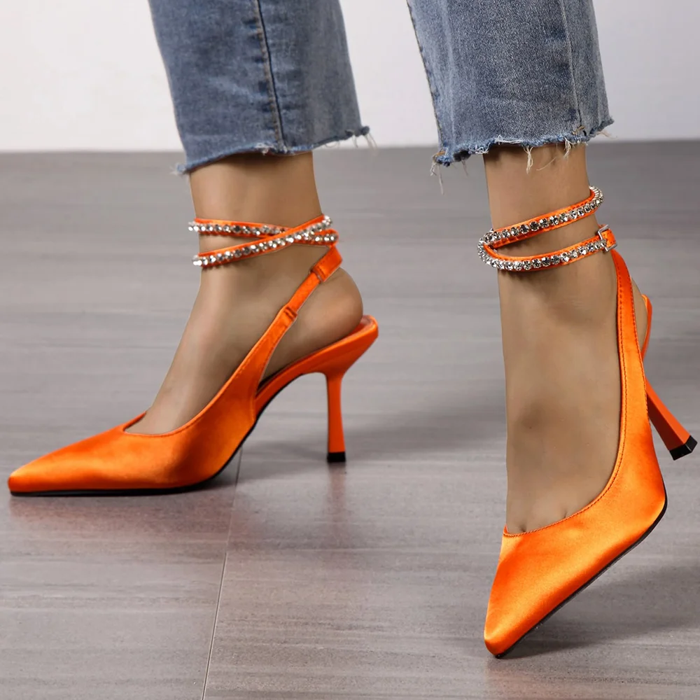 Orange Satin Closed Pointed Toe Slingback Rhinestone Ankle Strappy Pumps With Stiletto Heels Nicepairs