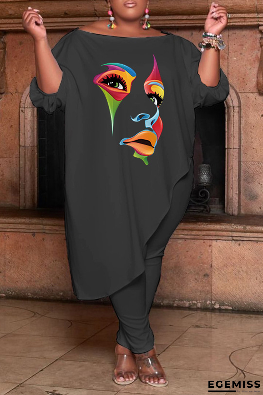 Black Fashion Print Patchwork O Neck Plus Size Two Pieces | EGEMISS